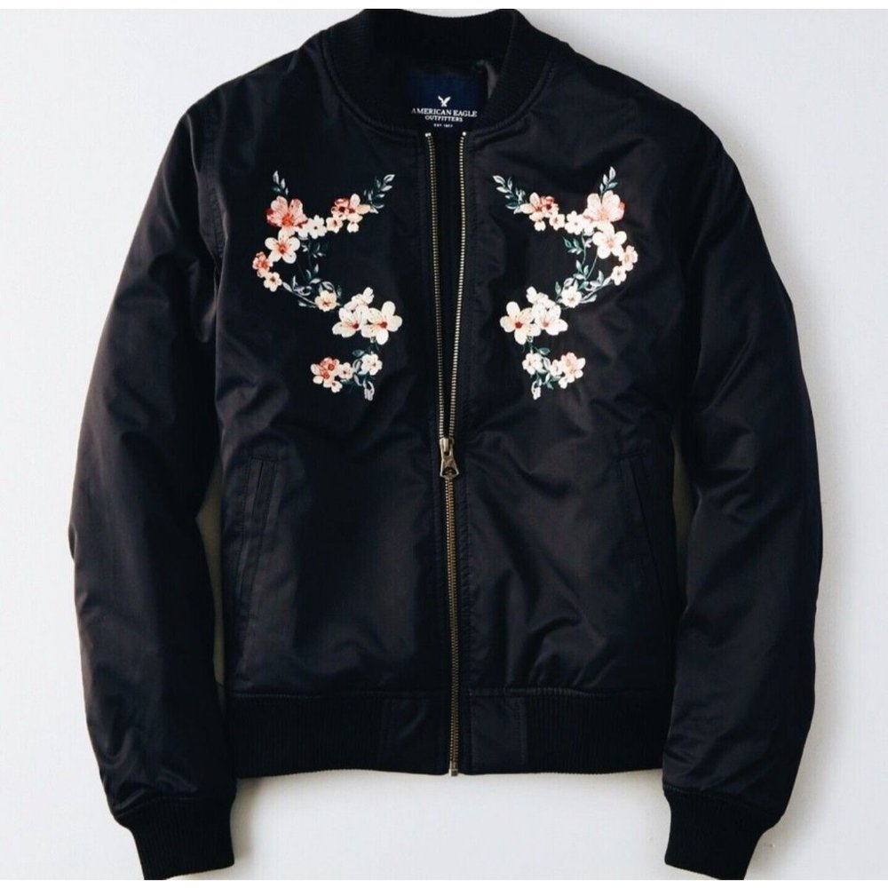 American Eagle | Black Floral Embroidered Black Bomber Jacket Satin | Size Small
